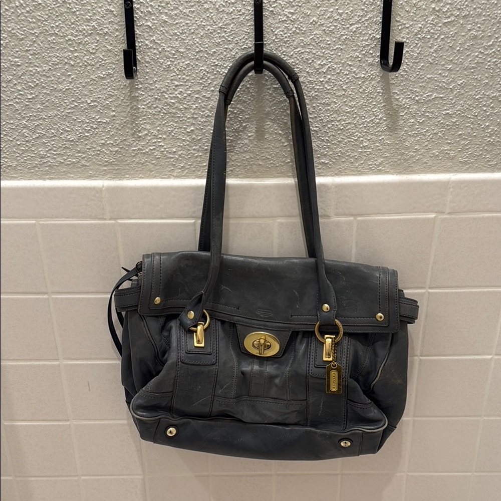 2008 Coach Hampton Lindsay Slate Blue Leather Large Satchel Bag